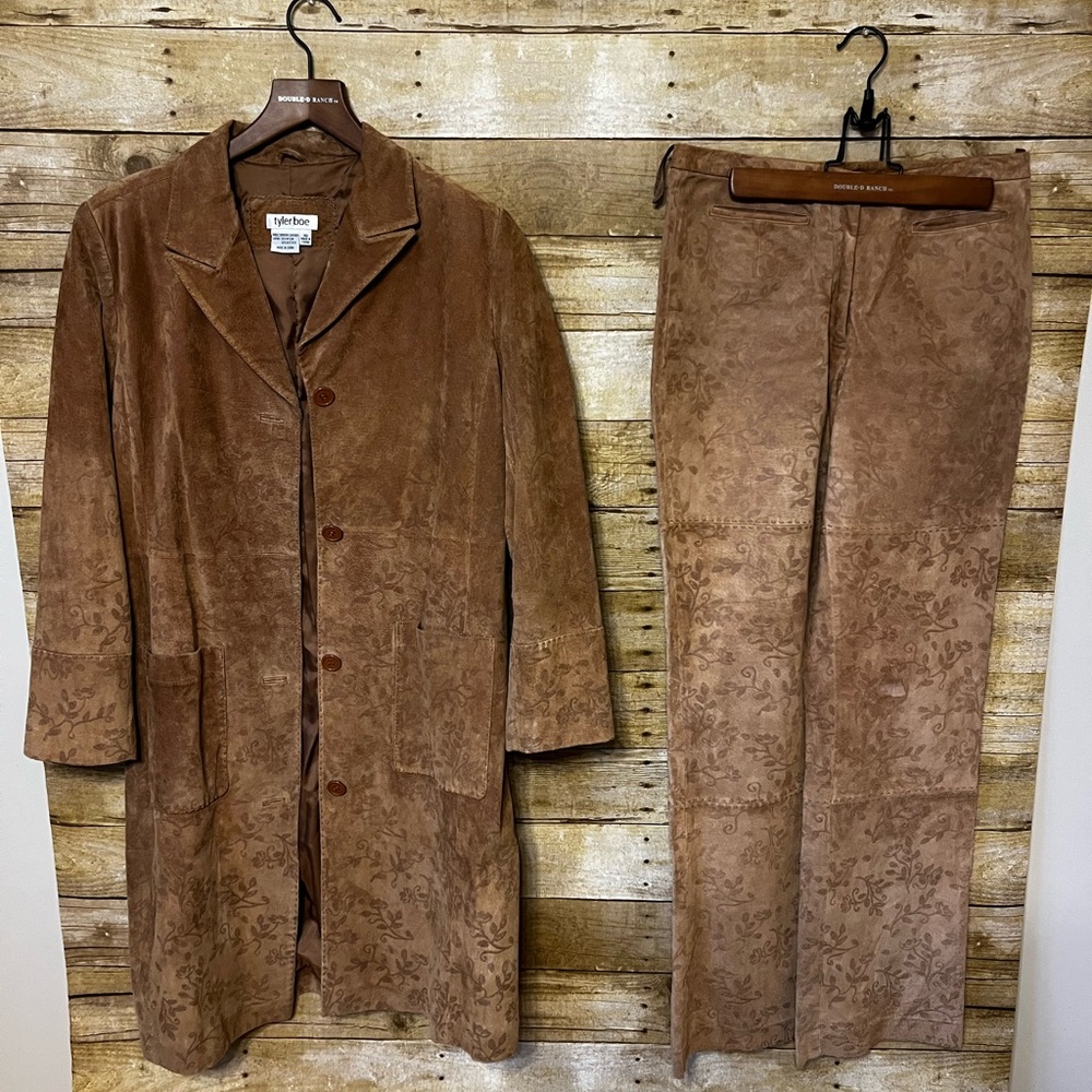 2 pc- Tyler BOE genuine leather Trench style long jacket sz 10 /trousers size 8